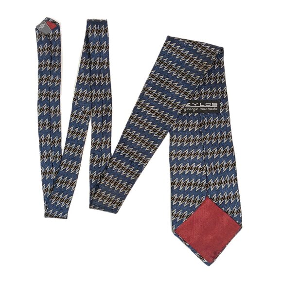 Zylos George Machado Men’s Silk Tie Blue Geometric 61 inch Designer Wide Tie New - Picture 3 of 4